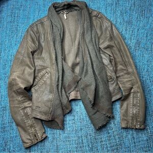 Free People Drape Front Coated Denim Moto Jacket in Olive Green Women's Size 4